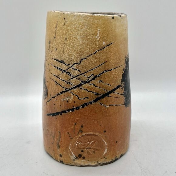Vintage Signed Art Pottery Vase Vessel 4.5” Clay Bird Signed Rustic Primitive - Picture 2 of 8